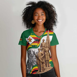 Happy Heroes Day Zimbabwe Women V-Neck T-Shirt Unity Freedom Work - African Pride