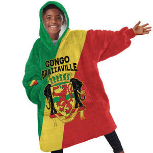 Personalized Republique du Congo Kid Wearable Blanket Hoodie Coat Of Arms African Pattern - African Pride