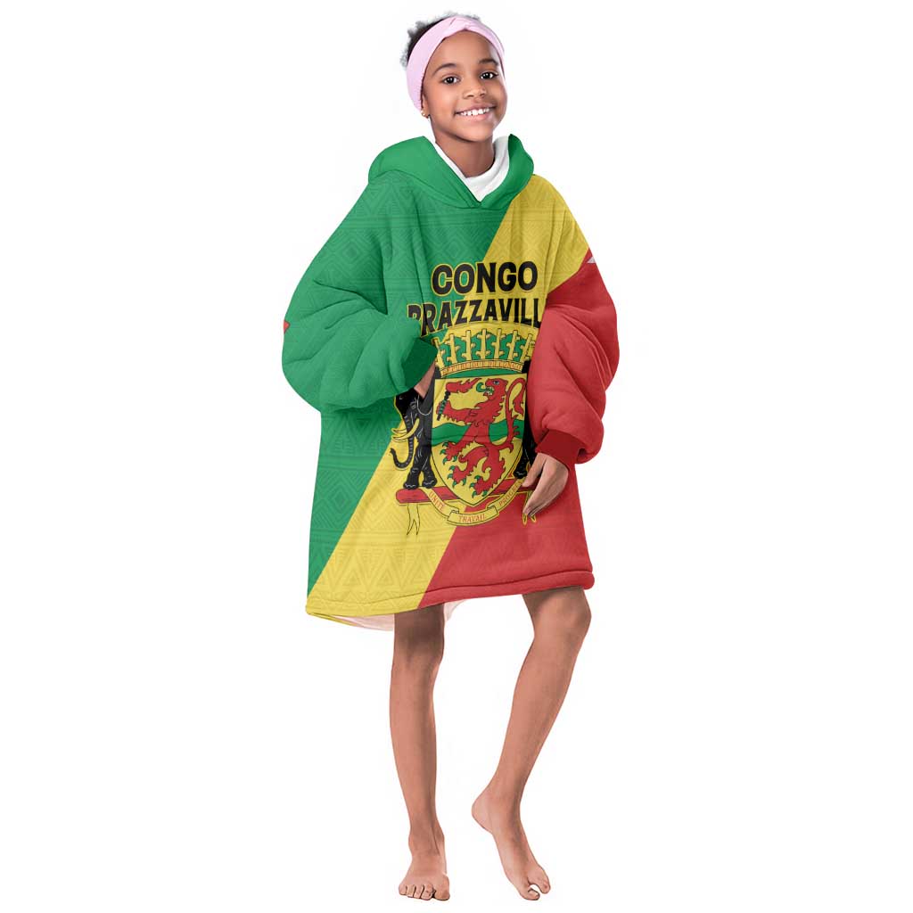 Personalized Republique du Congo Kid Wearable Blanket Hoodie Coat Of Arms African Pattern - African Pride