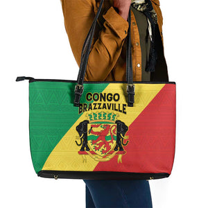 Republique du Congo Leather Tote Bag Coat Of Arms African Pattern - African Pride