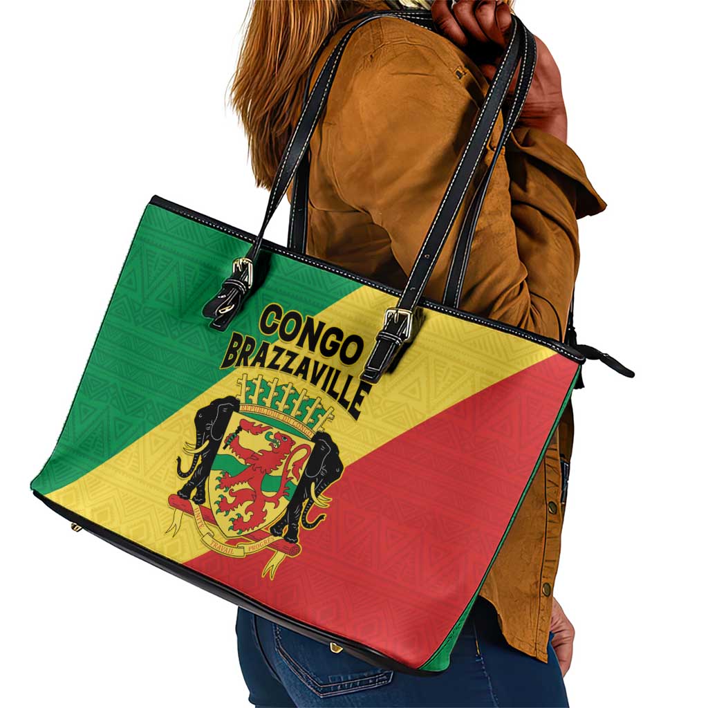 Republique du Congo Leather Tote Bag Coat Of Arms African Pattern - African Pride