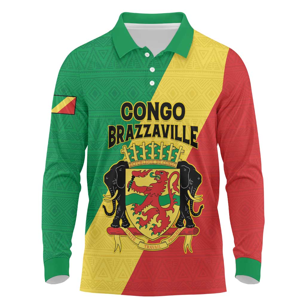 Personalized Republique du Congo Long Sleeve Polo Shirt Coat Of Arms African Pattern - African Pride