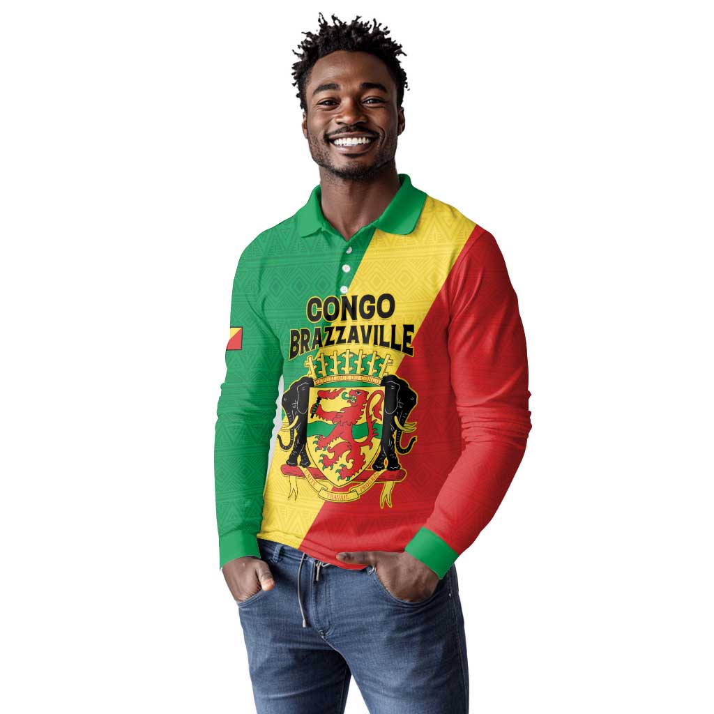 Personalized Republique du Congo Long Sleeve Polo Shirt Coat Of Arms African Pattern - African Pride