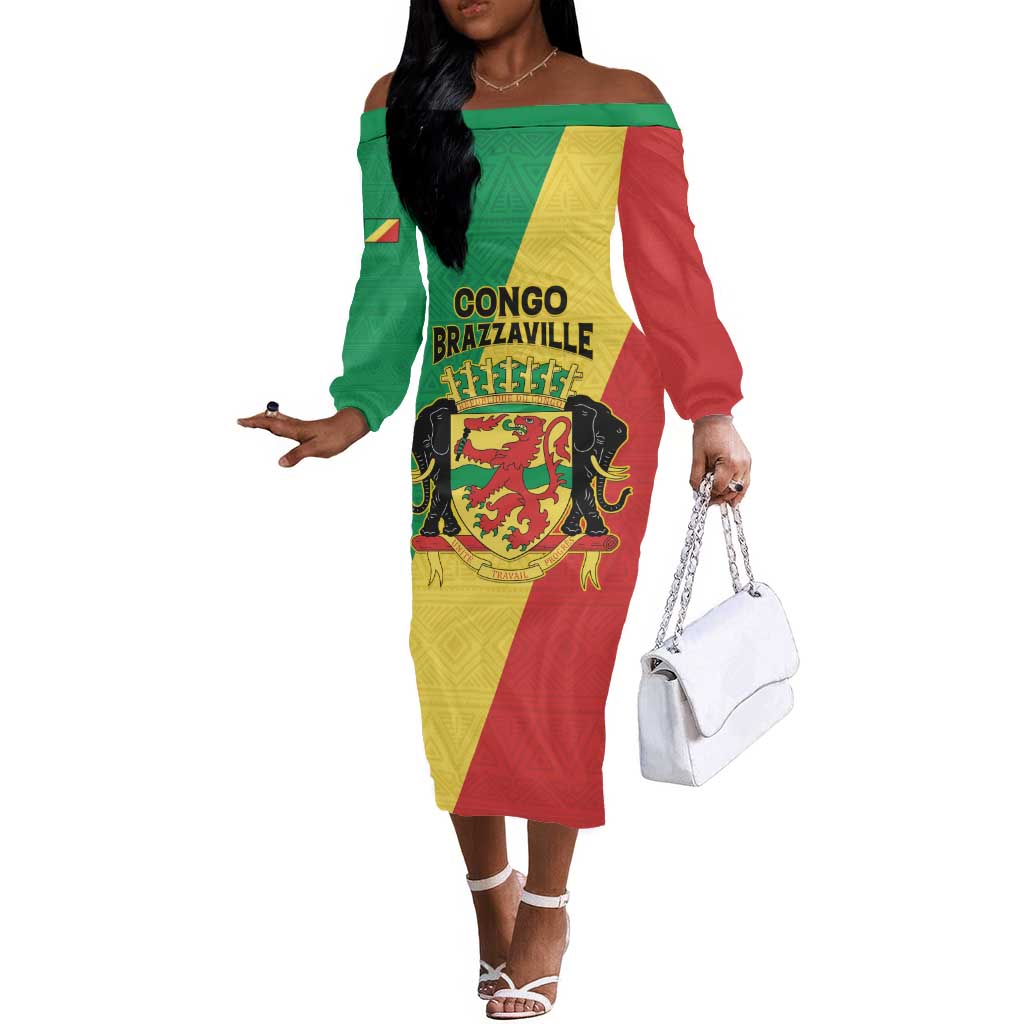 Personalized Republique du Congo Off The Shoulder Long Sleeve Dress Coat Of Arms African Pattern - African Pride
