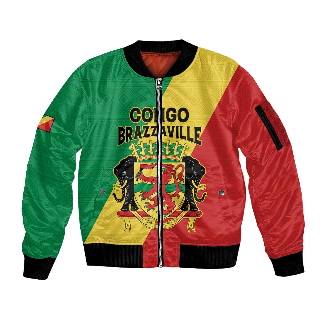 Personalized Republique du Congo Sleeve Zip Bomber Jacket Coat Of Arms African Pattern - African Pride