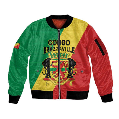 Personalized Republique du Congo Sleeve Zip Bomber Jacket Coat Of Arms African Pattern - African Pride