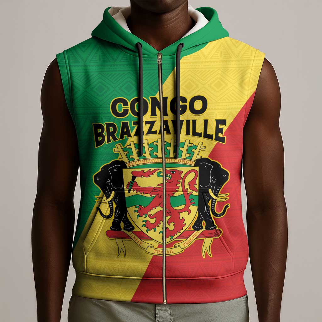 Personalized Republique du Congo Sleeveless Zip Hoodie Coat Of Arms African Pattern - African Pride