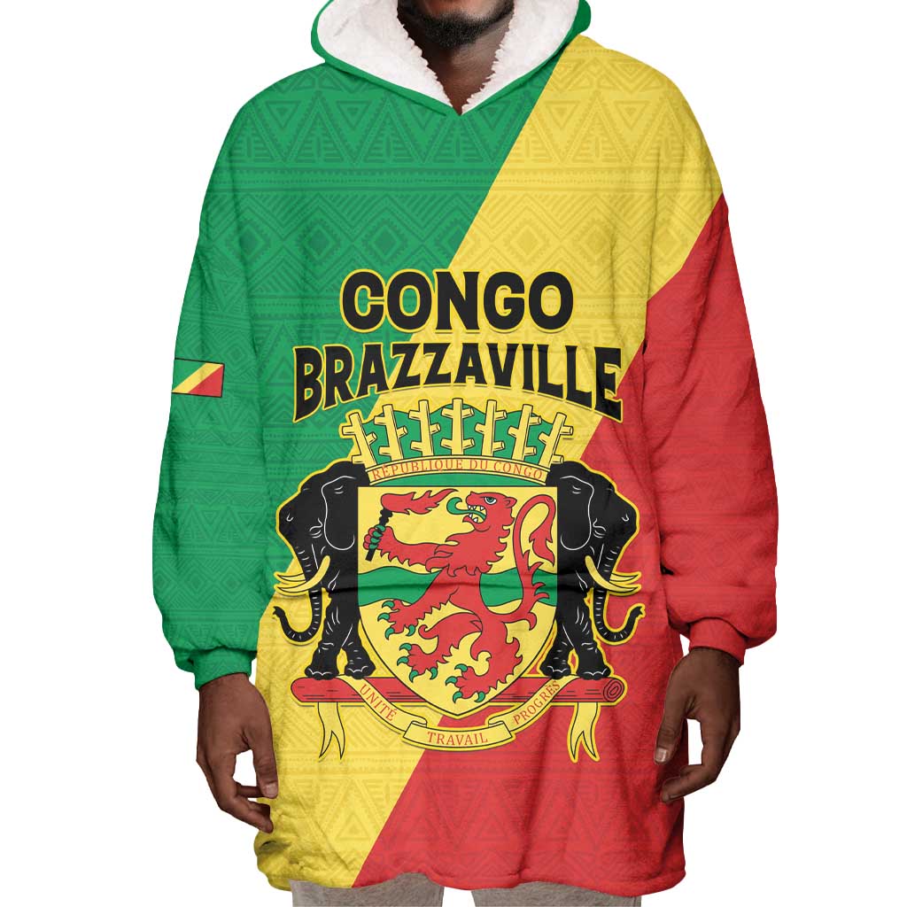 Personalized Republique du Congo Wearable Blanket Hoodie Coat Of Arms African Pattern - African Pride