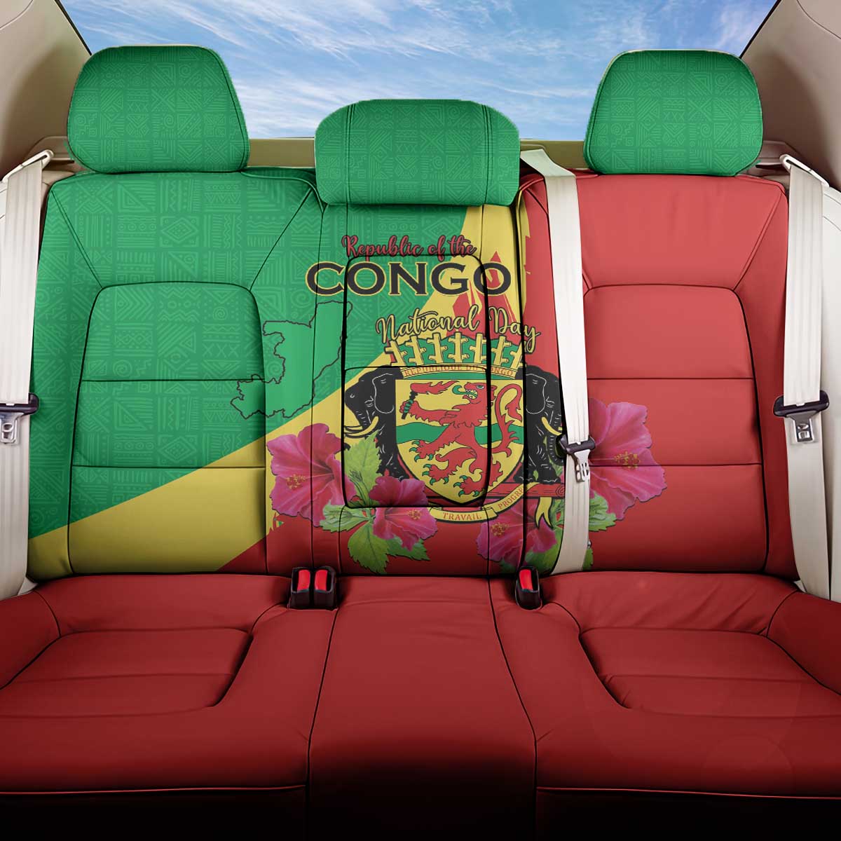 Personalized Congo-Brazzaville National Day Back Car Seat Cover Coat Of Arms With Map - African Pride