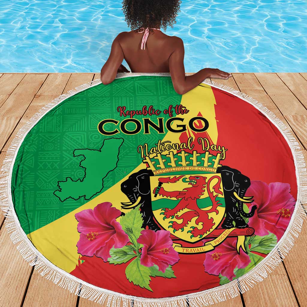 Personalized Congo-Brazzaville National Day Beach Blanket Coat Of Arms With Map - African Pride