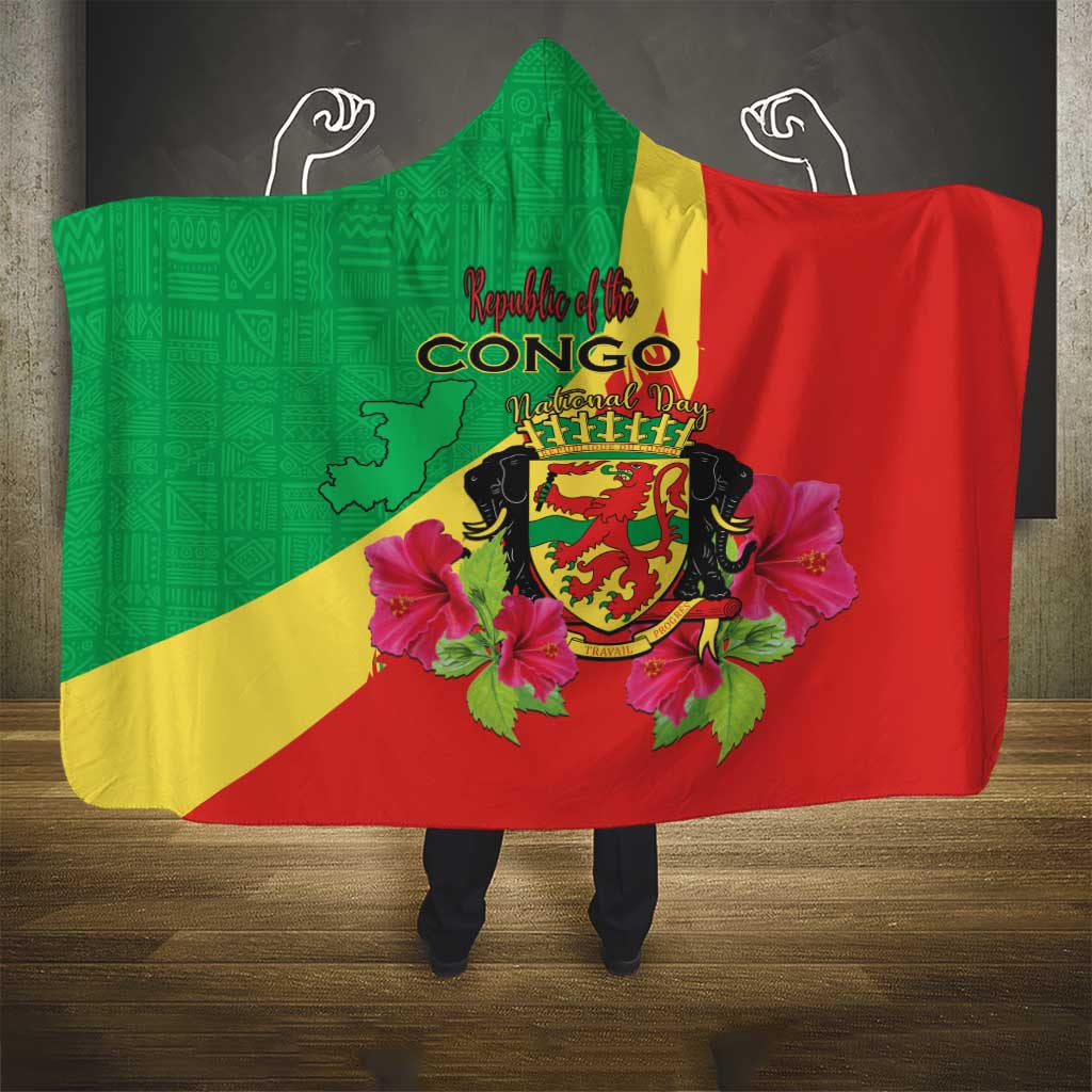 Personalized Congo-Brazzaville National Day Hooded Blanket Coat Of Arms With Map - African Pride