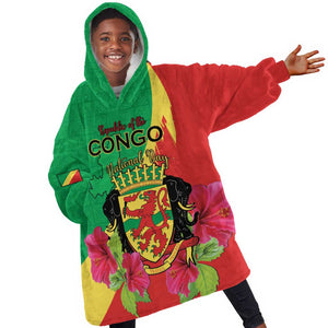 Personalized Congo-Brazzaville National Day Kid Wearable Blanket Hoodie Coat Of Arms With Map - African Pride