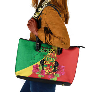 Personalized Congo-Brazzaville National Day Leather Tote Bag Coat Of Arms With Map - African Pride