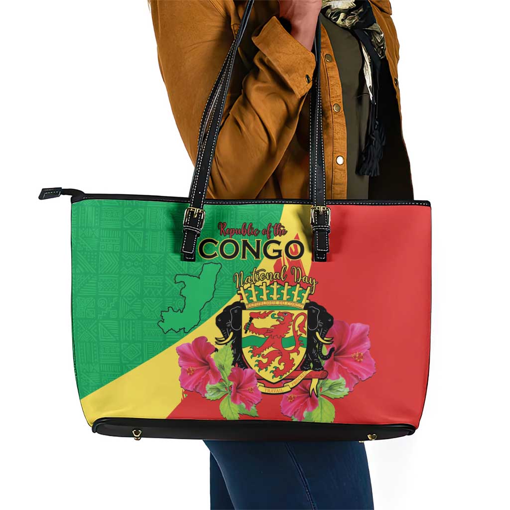 Personalized Congo-Brazzaville National Day Leather Tote Bag Coat Of Arms With Map - African Pride