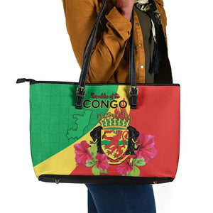 Personalized Congo-Brazzaville National Day Leather Tote Bag Coat Of Arms With Map - African Pride