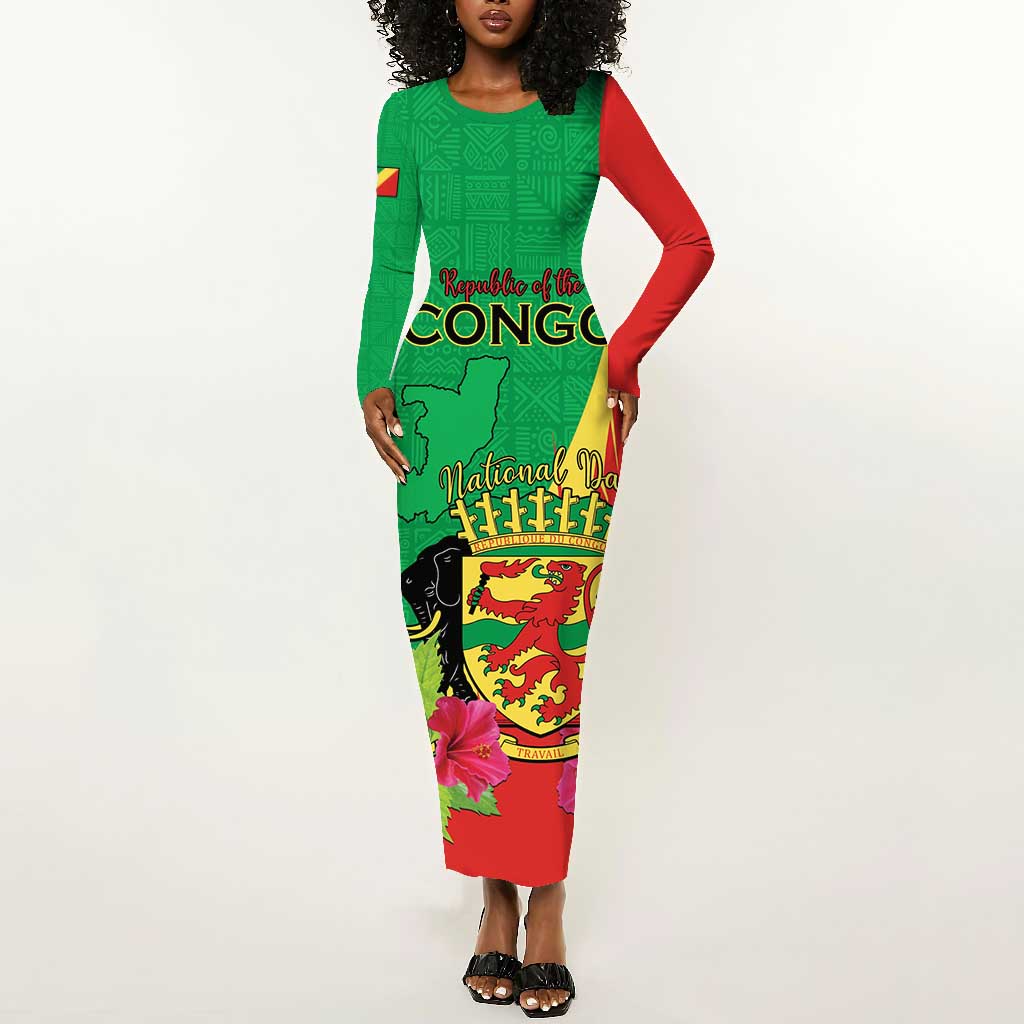 Personalized Congo-Brazzaville National Day Long Sleeve Bodycon Dress Coat Of Arms With Map - African Pride