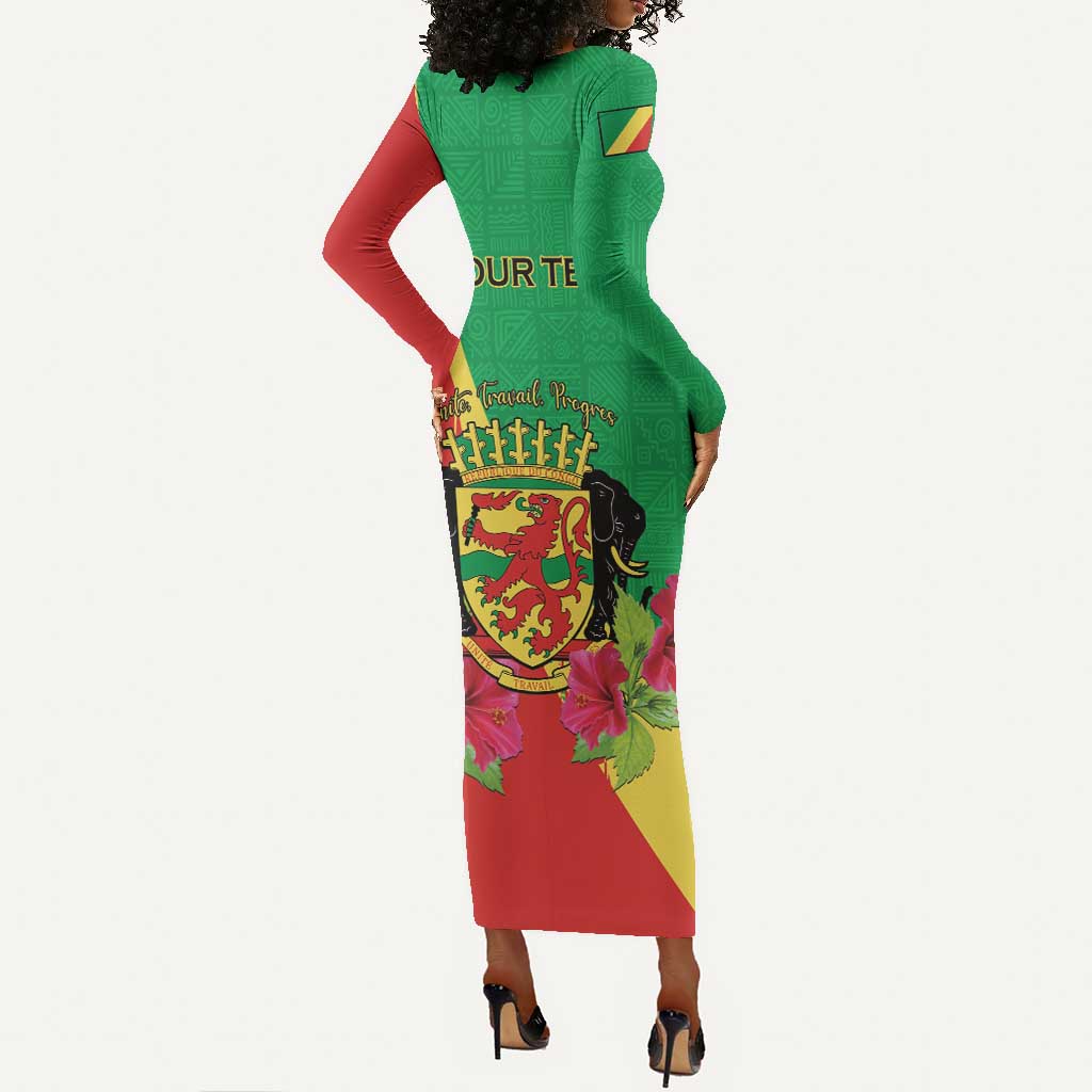 Personalized Congo-Brazzaville National Day Long Sleeve Bodycon Dress Coat Of Arms With Map - African Pride