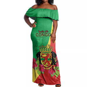 Personalized Congo-Brazzaville National Day Off Shoulder Maxi Dress Coat Of Arms With Map - African Pride