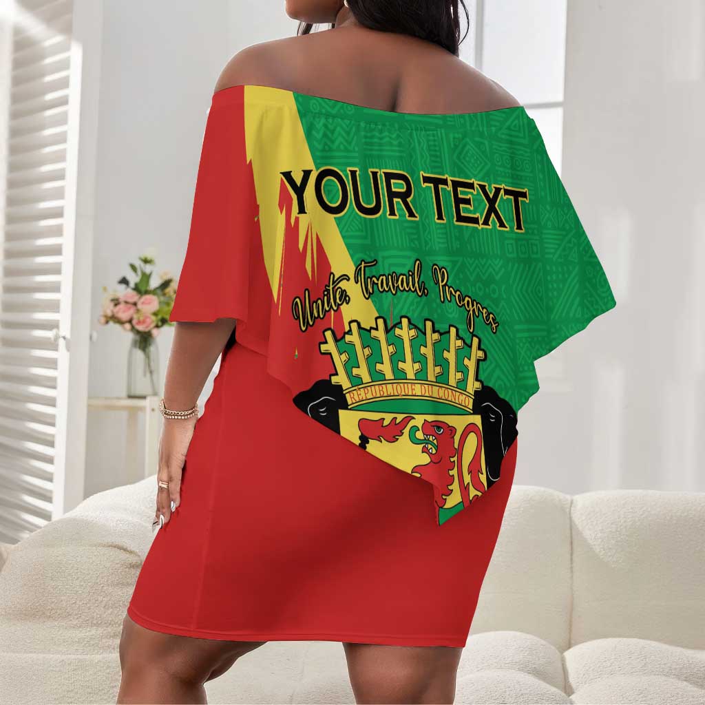 Personalized Congo-Brazzaville National Day Off Shoulder Short Dress Coat Of Arms With Map - African Pride