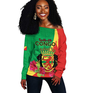Personalized Congo-Brazzaville National Day Off Shoulder Sweater Coat Of Arms With Map - African Pride