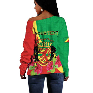 Personalized Congo-Brazzaville National Day Off Shoulder Sweater Coat Of Arms With Map - African Pride