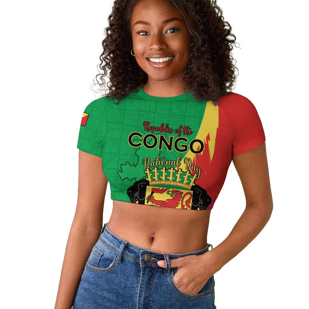 Personalized Congo-Brazzaville National Day Raglan Cropped T shirt Coat Of Arms With Map - African Pride