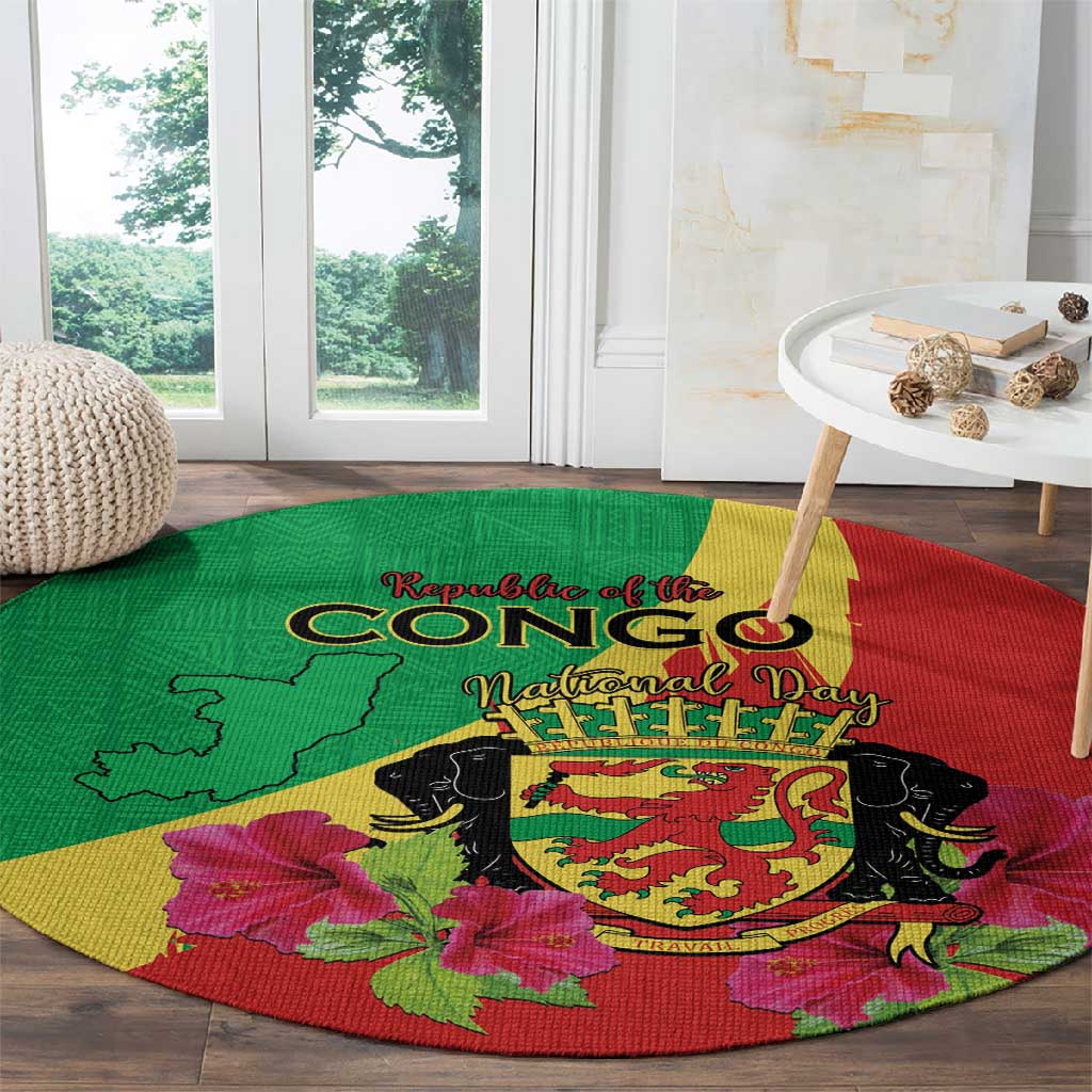 Personalized Congo-Brazzaville National Day Round Carpet Coat Of Arms With Map - African Pride