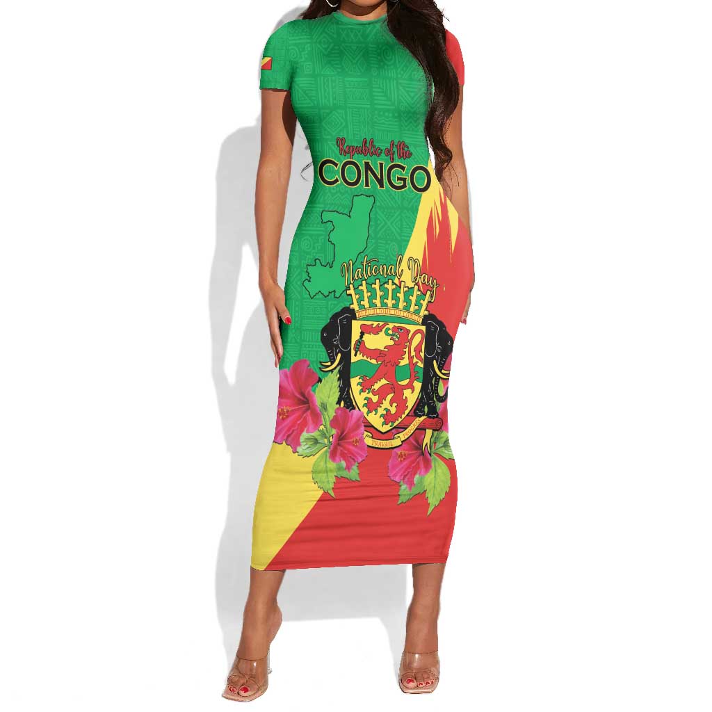 Personalized Congo-Brazzaville National Day Short Sleeve Bodycon Dress Coat Of Arms With Map - African Pride
