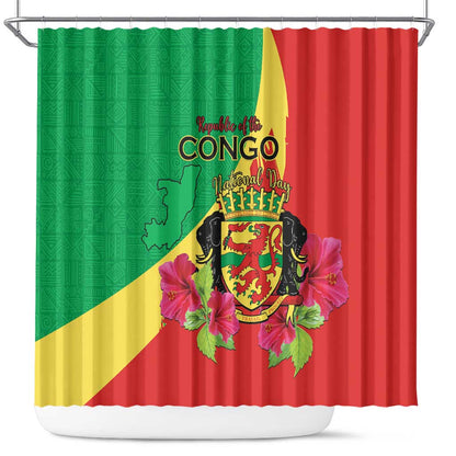 Personalized Congo-Brazzaville National Day Shower Curtain Coat Of Arms With Map - African Pride