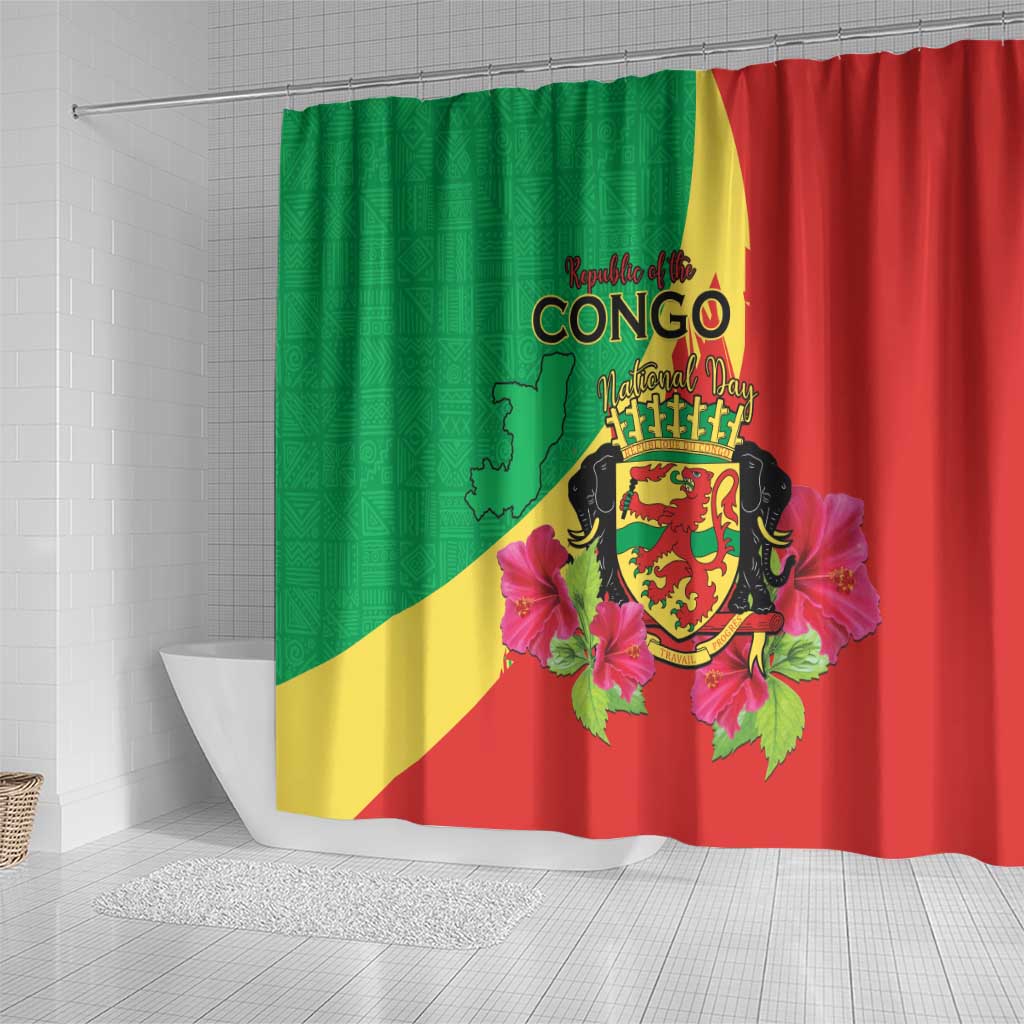 Personalized Congo-Brazzaville National Day Shower Curtain Coat Of Arms With Map - African Pride