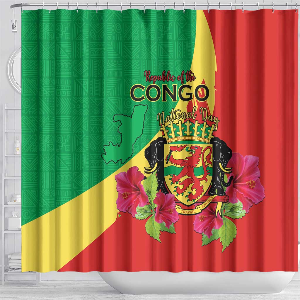 Personalized Congo-Brazzaville National Day Shower Curtain Coat Of Arms With Map - African Pride