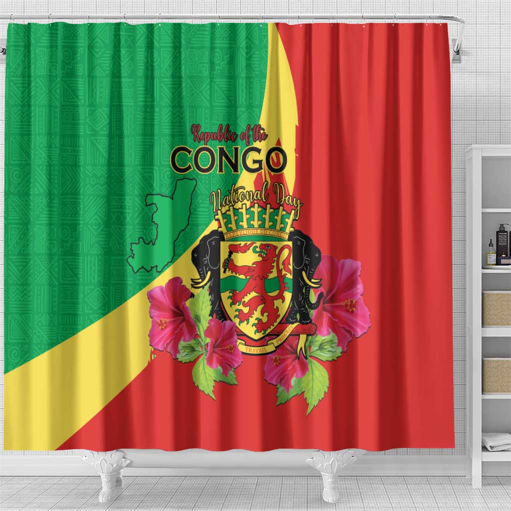 Personalized Congo-Brazzaville National Day Shower Curtain Coat Of Arms With Map - African Pride