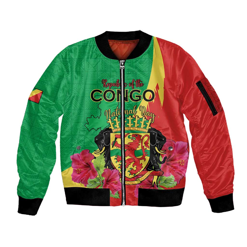 Personalized Congo-Brazzaville National Day Sleeve Zip Bomber Jacket Coat Of Arms With Map - African Pride