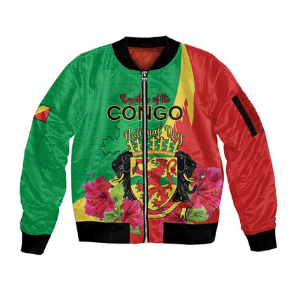 Personalized Congo-Brazzaville National Day Sleeve Zip Bomber Jacket Coat Of Arms With Map - African Pride