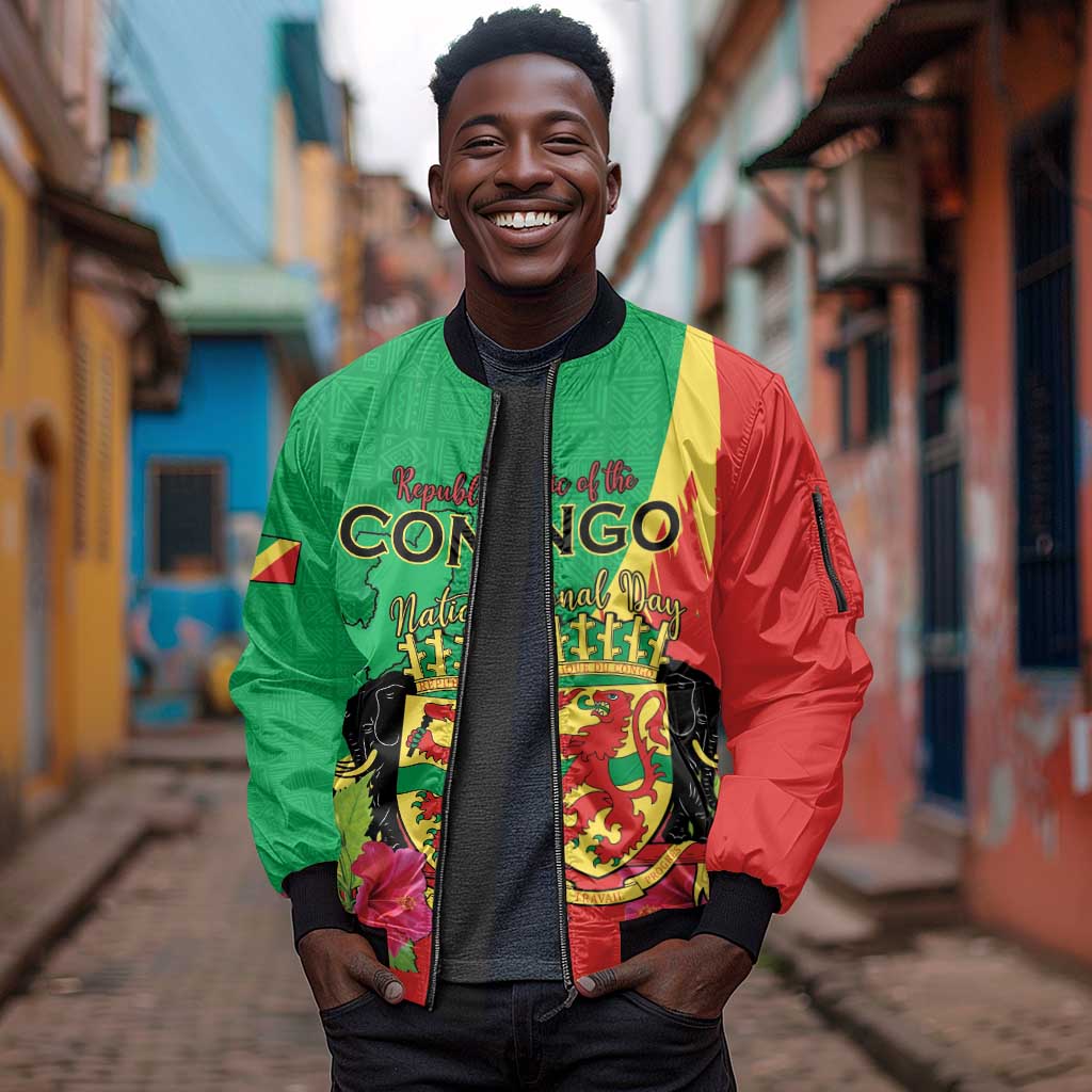 Personalized Congo-Brazzaville National Day Sleeve Zip Bomber Jacket Coat Of Arms With Map - African Pride