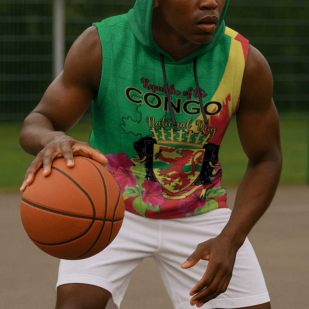 Personalized Congo-Brazzaville National Day Sleeveless Hoodie Coat Of Arms With Map - African Pride