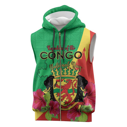 Personalized Congo-Brazzaville National Day Sleeveless Zip Hoodie Coat Of Arms With Map - African Pride