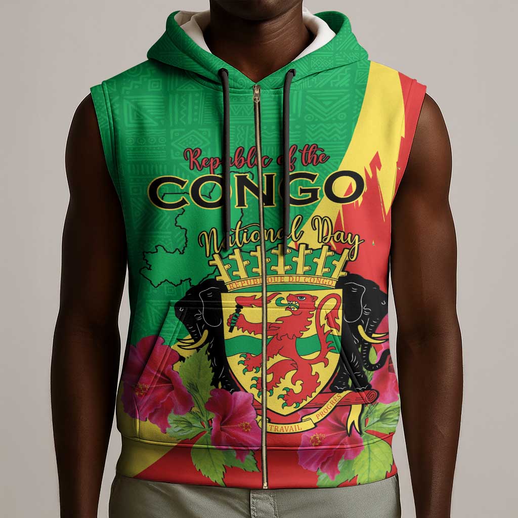 Personalized Congo-Brazzaville National Day Sleeveless Zip Hoodie Coat Of Arms With Map - African Pride