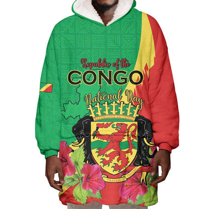 Personalized Congo-Brazzaville National Day Wearable Blanket Hoodie Coat Of Arms With Map - African Pride