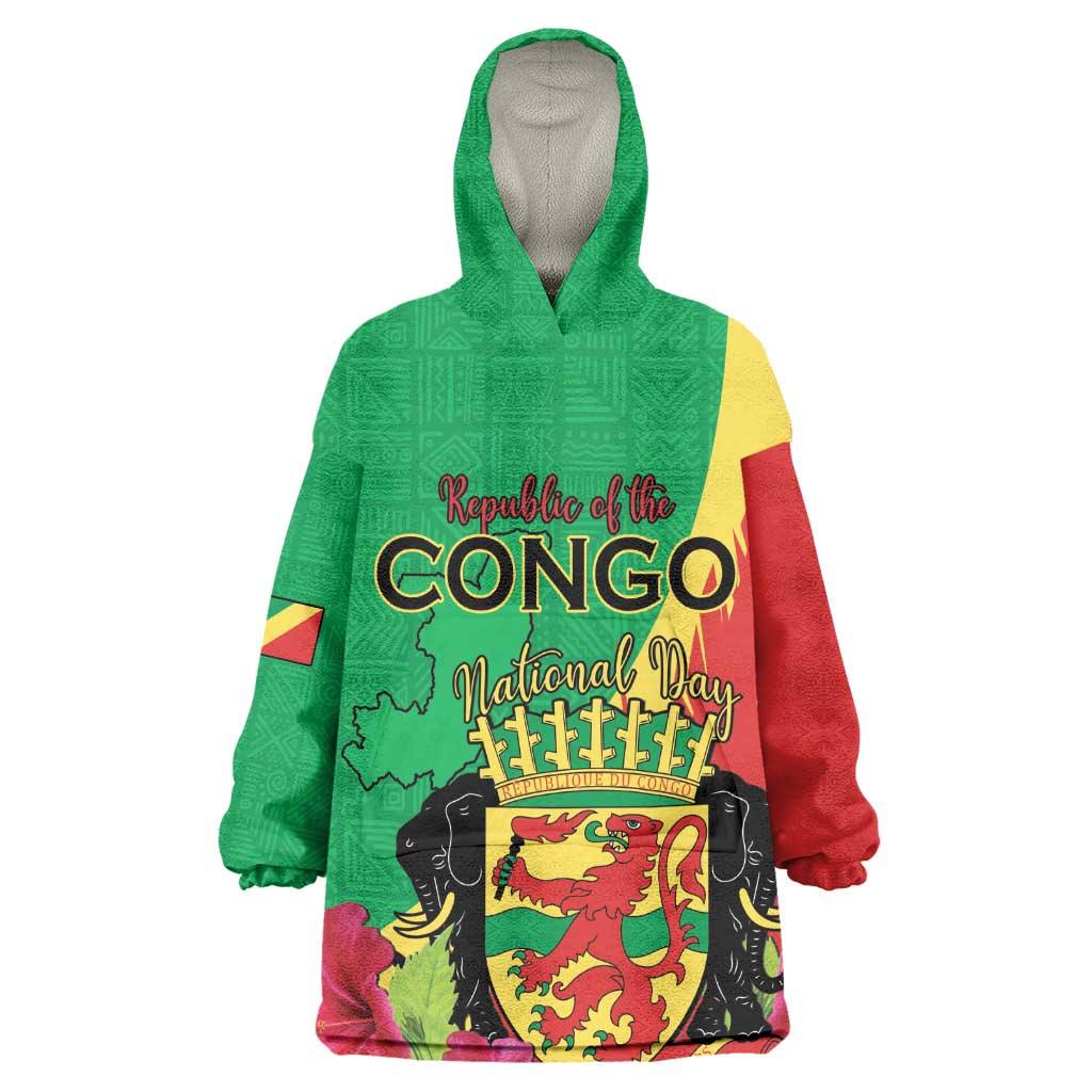 Personalized Congo-Brazzaville National Day Wearable Blanket Hoodie Coat Of Arms With Map - African Pride