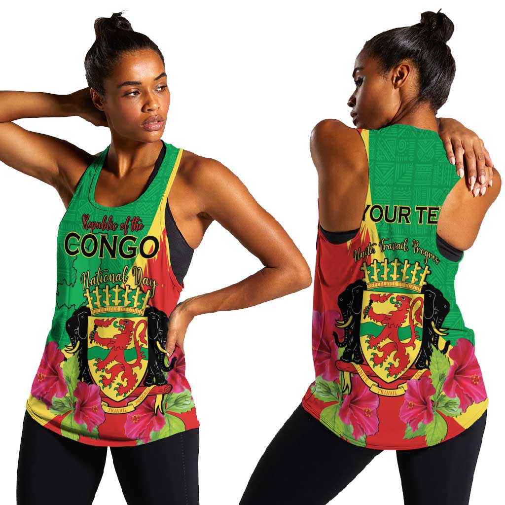 Personalized Congo-Brazzaville National Day Women Racerback Tank Coat Of Arms With Map - African Pride