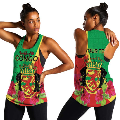 Personalized Congo-Brazzaville National Day Women Racerback Tank Coat Of Arms With Map - African Pride
