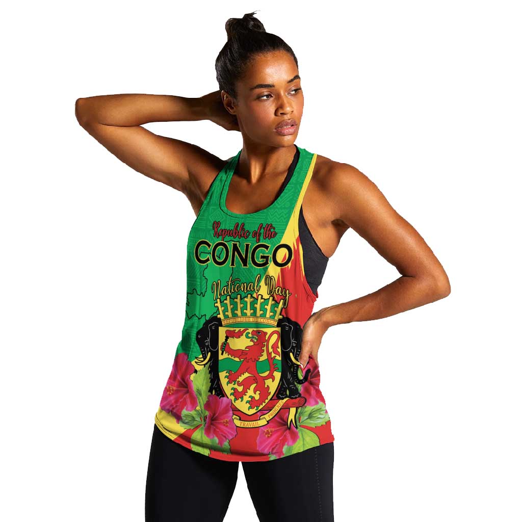 Personalized Congo-Brazzaville National Day Women Racerback Tank Coat Of Arms With Map - African Pride