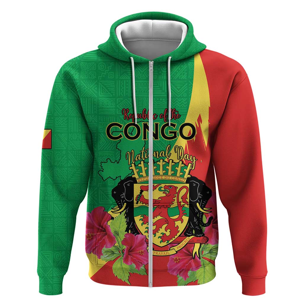 Personalized Congo-Brazzaville National Day Zip Hoodie Coat Of Arms With Map - African Pride