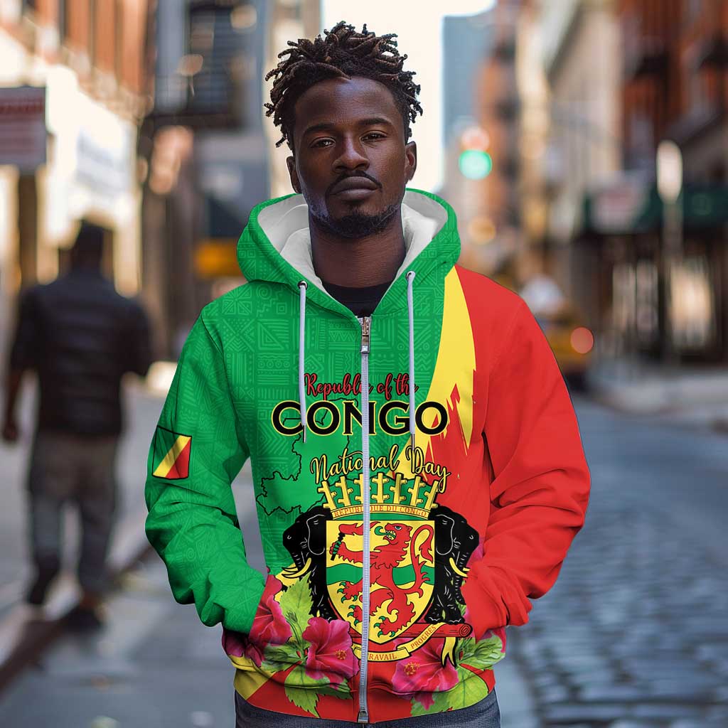 Personalized Congo-Brazzaville National Day Zip Hoodie Coat Of Arms With Map - African Pride