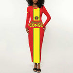 Custom Republique du Congo Football Long Sleeve Bodycon Dress Go Ba Diabulu ya Mbwaki Red Color - African Pride