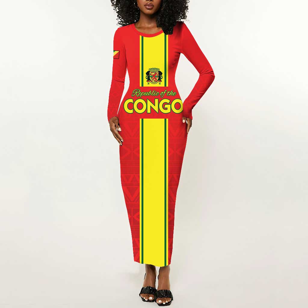 Custom Republique du Congo Football Long Sleeve Bodycon Dress Go Ba Diabulu ya Mbwaki Red Color - African Pride