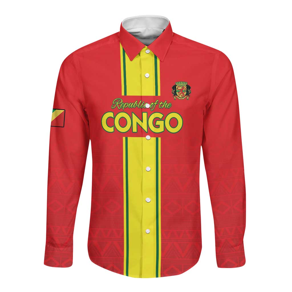Custom Republique du Congo Football Long Sleeve Button Shirt Go Ba Diabulu ya Mbwaki Red Color - African Pride