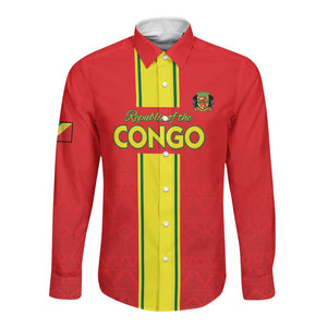 Custom Republique du Congo Football Long Sleeve Button Shirt Go Ba Diabulu ya Mbwaki Red Color - African Pride