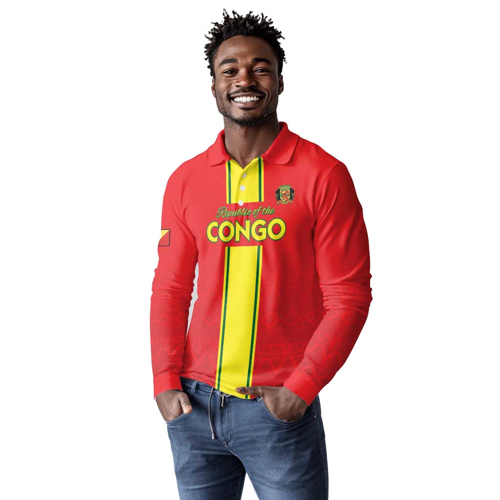 Custom Republique du Congo Football Long Sleeve Polo Shirt Go Ba Diabulu ya Mbwaki Red Color - African Pride